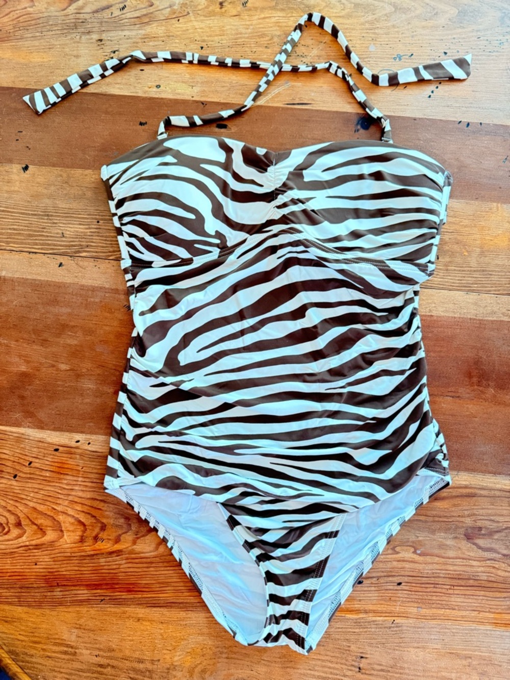 Zebra-Print Strapless One-Piece Swimsuit — Brown & White